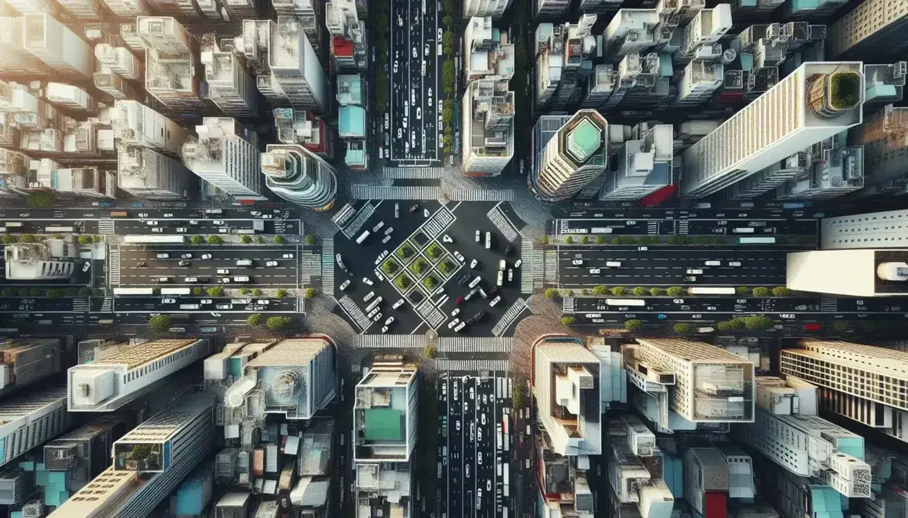 Vista aérea de intersección urbana con tráfico, edificios de distintas alturas y áreas verdes, reflejando la diversidad arquitectónica y la vida citadina.