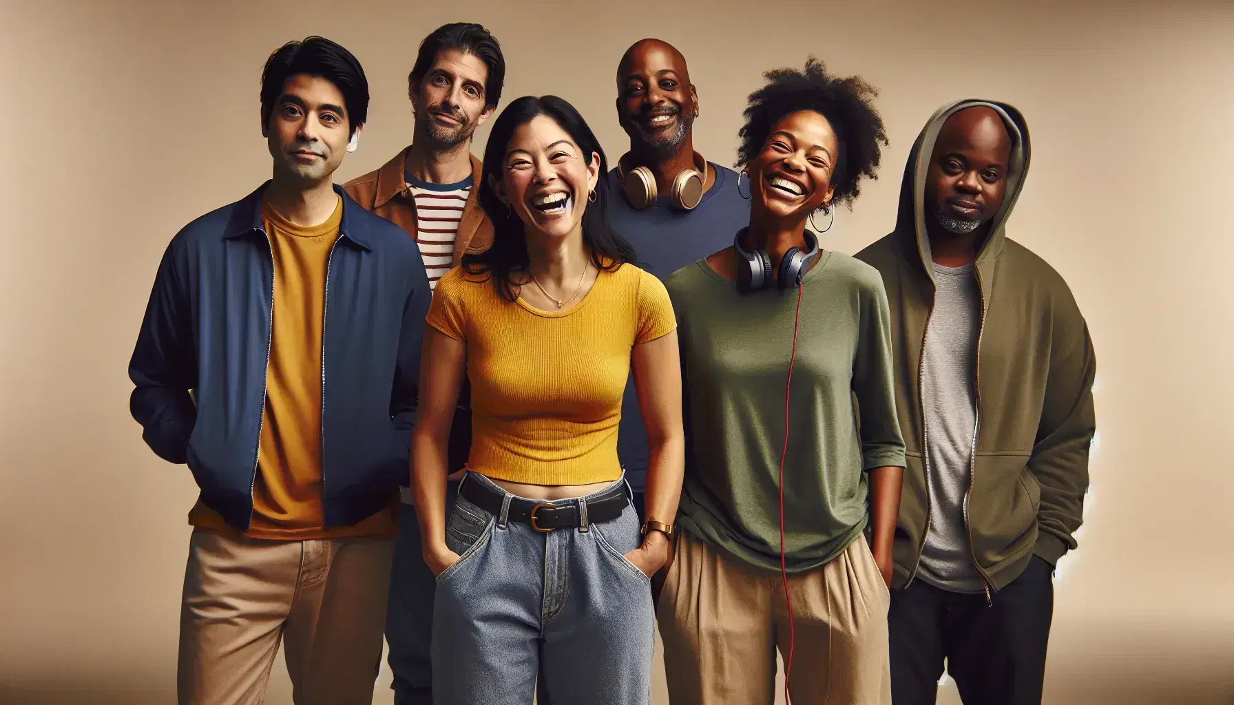 Smiling multiethnic group with hispanic woman in yellow, south asian man in blue suit, black woman in green, young caucasian with headphones and thoughtful middle eastern man.