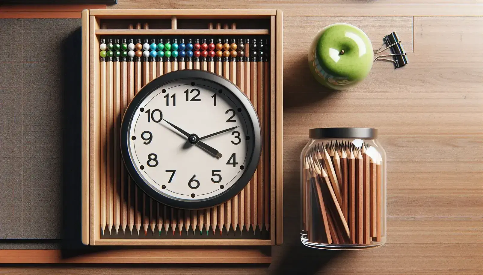 Wooden desk with black analog clock, jar of sharp pencils, shiny green apple and colorful abacus on wood grain background.
