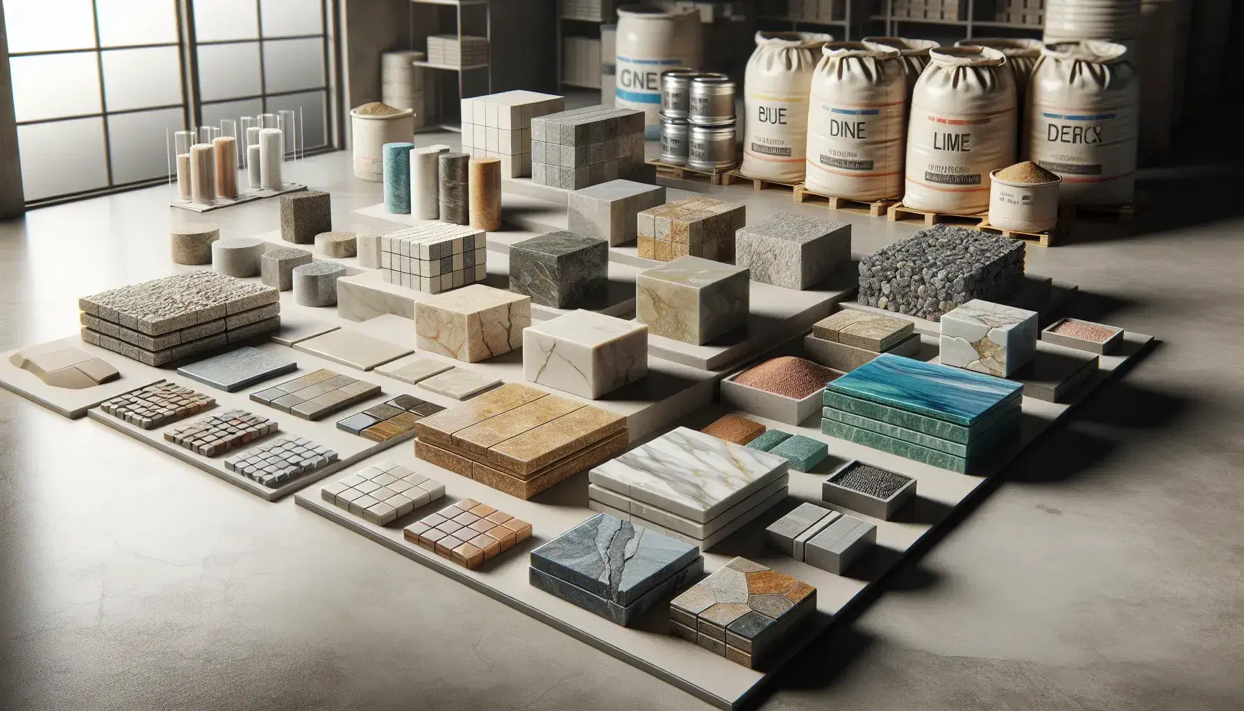 Campione di materiali da costruzione con pietre naturali, piastrelle ceramiche colorate e sacchi di cemento su superficie neutra.