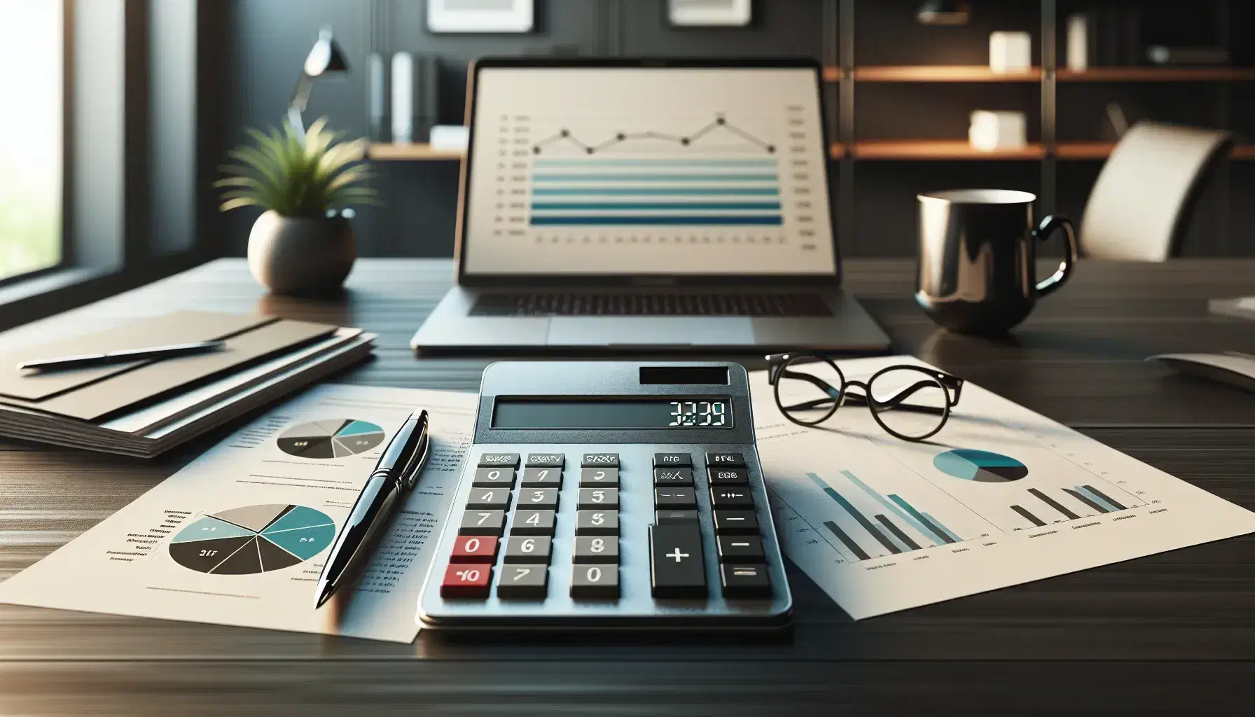 Escritorio de oficina con calculadora, papeles, gráfico de pastel, bolígrafo y gafas, laptop y planta en fondo desenfocado, ambiente de auditoría financiera.