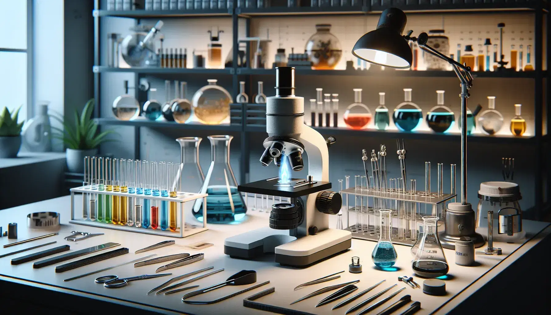 Laboratorio scientifico con microscopio, provette colorate, bruciatore Bunsen acceso e strumenti in acciaio su tavolo bianco, sfondo con mensole e piante.
