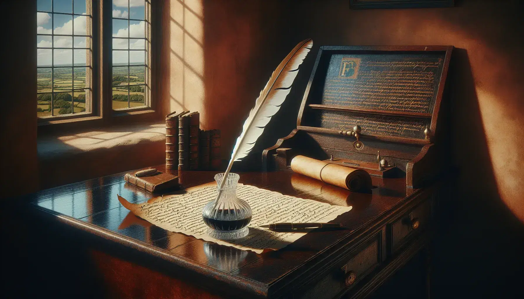 Scrivania antica in legno con penna d'oca, calamaio, pergamena e libro rilegato, in una stanza con luce naturale e paesaggio rurale esterno.