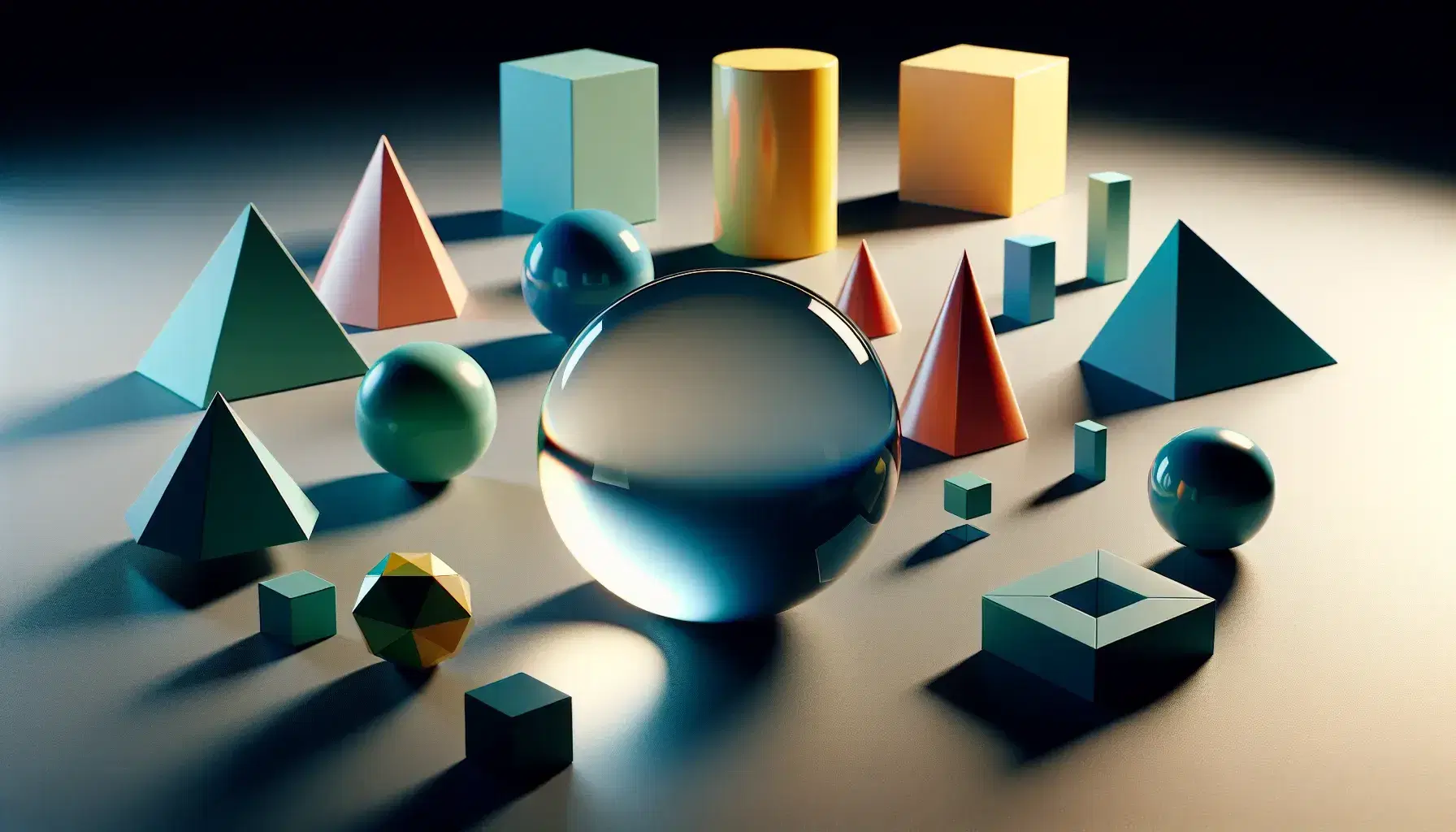 Collection of geometric solids on a matte surface, featuring a translucent sphere, blue tetrahedron, red cone, green cylinder, yellow cube, and orange pyramid.