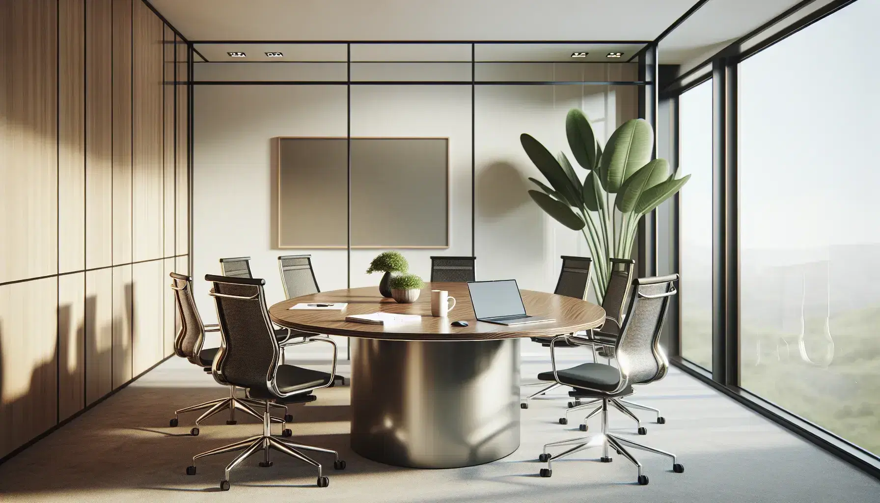 Modern office with large window, oval wooden conference table, ergonomic chairs, laptop, coffee mug, papers, pen, notepad, and potted plant.