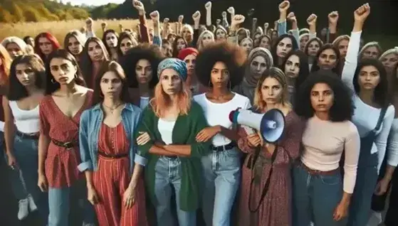 Diverse group of women standing together in solidarity, with one holding a megaphone against a natural backdrop, embodying unity and determination.
