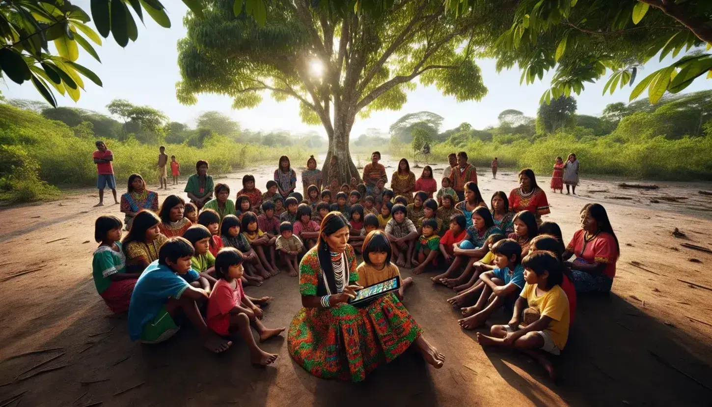 Niños y adultos indígenas aprendiendo al aire libre bajo un árbol, enfocados en una mujer que muestra una tableta electrónica.