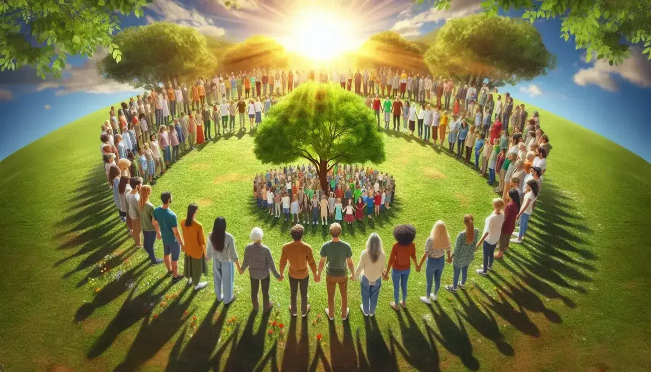 Grupo diverso de personas unidas de la mano alrededor de un árbol en un parque, simbolizando unidad y cooperación bajo un cielo despejado.