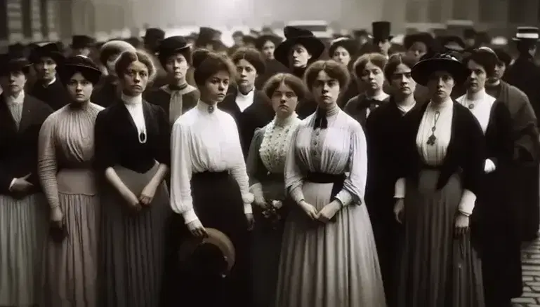 Group of multi-ethnic women in early 20th century clothing posing in solidarity, some wearing decorated hats, against a blurry urban background.