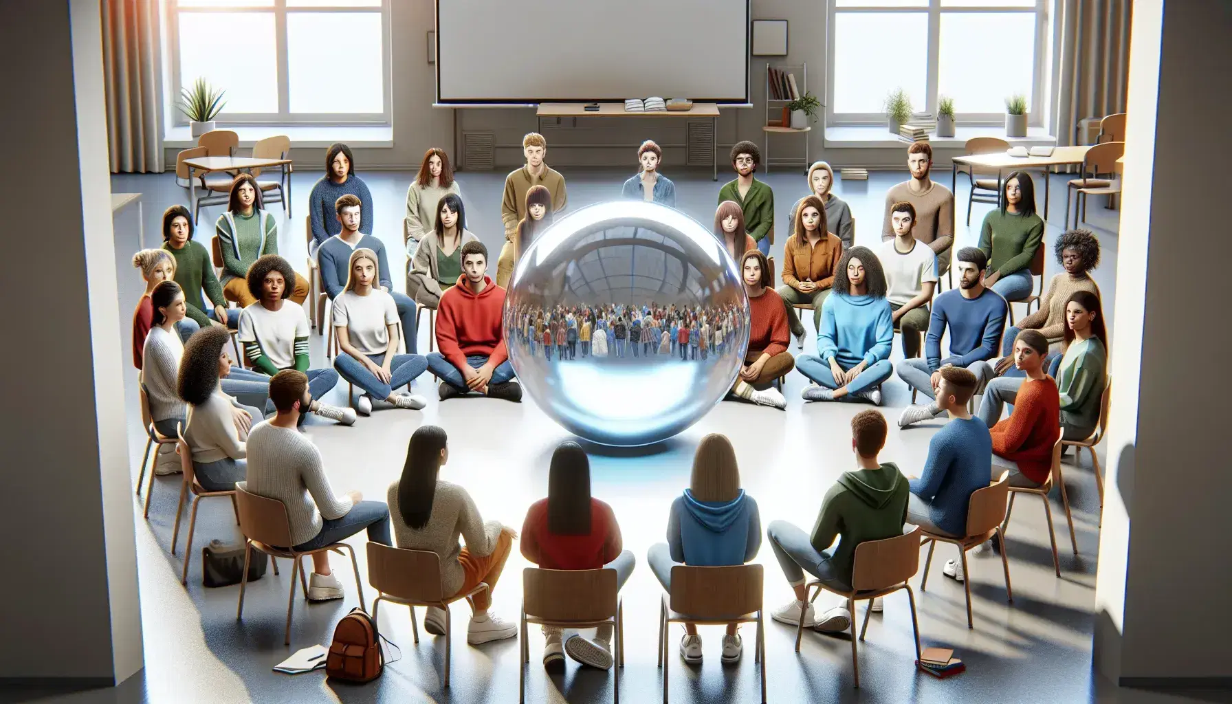 Grupo diverso de estudiantes sentados en círculo en aula iluminada con esfera transparente en el centro, expresiones de concentración y curiosidad, sin dispositivos electrónicos, paredes claras y plantas verdes.