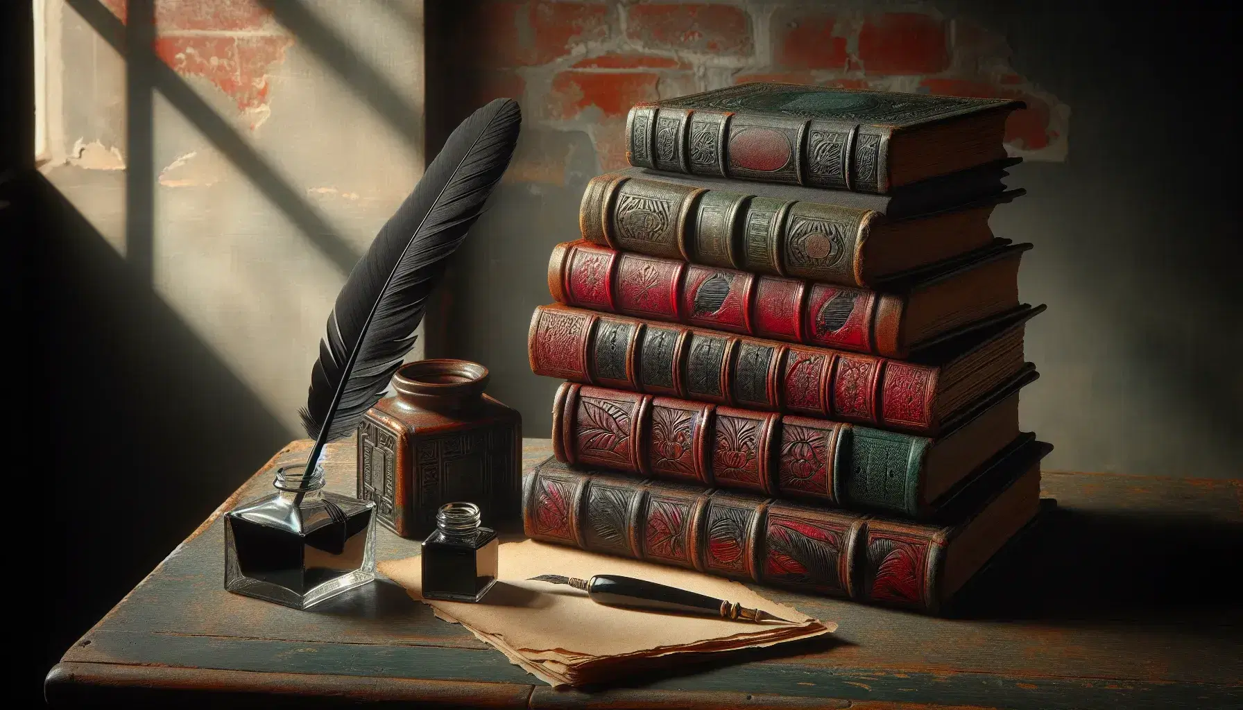 Pila de libros antiguos con tapas de cuero sobre mesa de madera, acompañados de una pluma negra y tintero de cristal, frente a pared de ladrillo rojo desgastado.