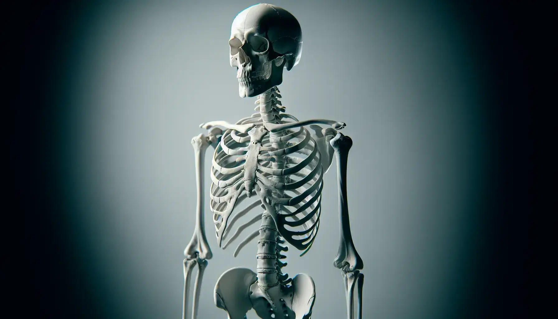 Esqueleto humano completo en posición anatómica con fondo neutro, destacando detalles óseos y estructura vertebral.