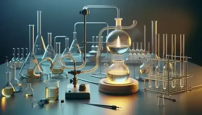 Chemical laboratory with reaction setup: flask with yellow liquid, coil condenser, Bunsen burner and assorted glassware.