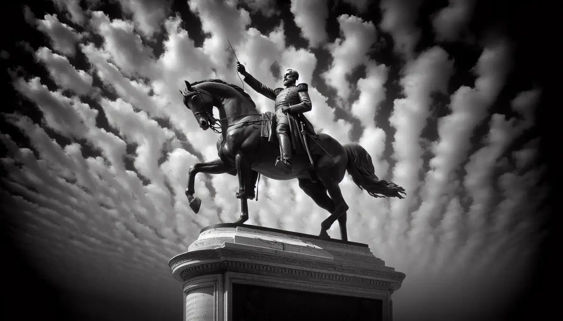 Statua equestre in bronzo di uomo barbuto in uniforme del XIX secolo su cavallo impennato a Roma, sotto cielo nuvoloso.