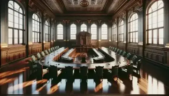 Sala solenne di un edificio governativo con scrivania ovale in legno, sedie imbottite verdi e podio, illuminata da grandi finestre ad arco.