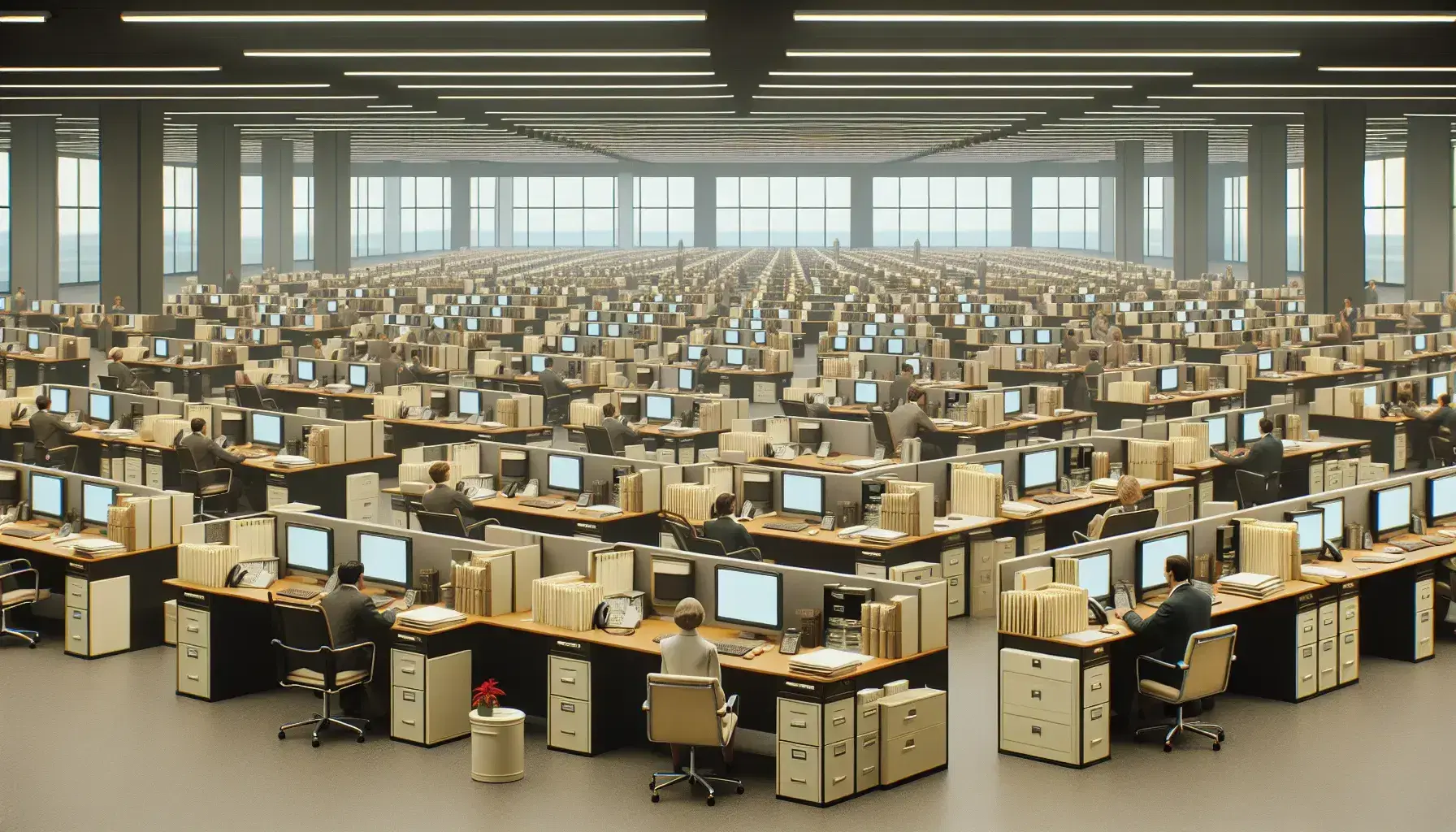 Modern open-plan office with rows of desks, computers, and employees working, under bright lighting with a clear sky visible through large windows.
