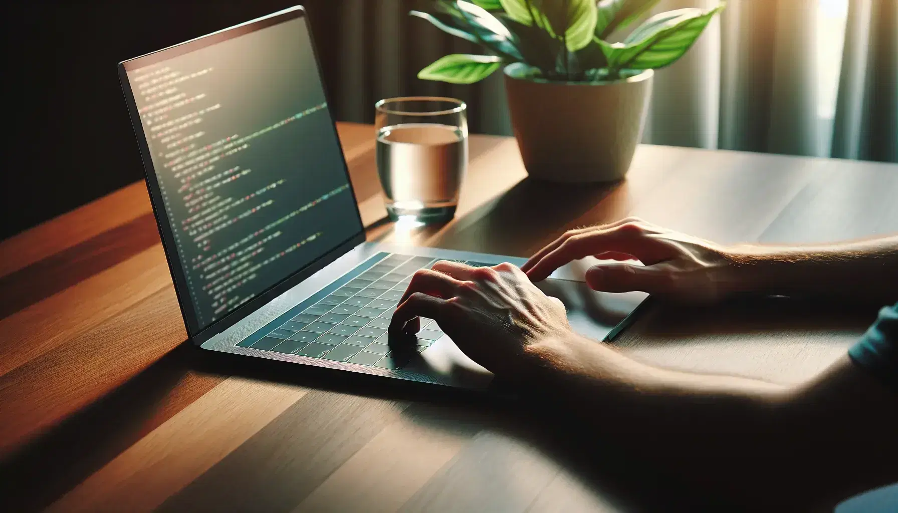 Hands typing on a laptop keyboard on wooden desk with glass of water and green plant, bright environment and warm colors.