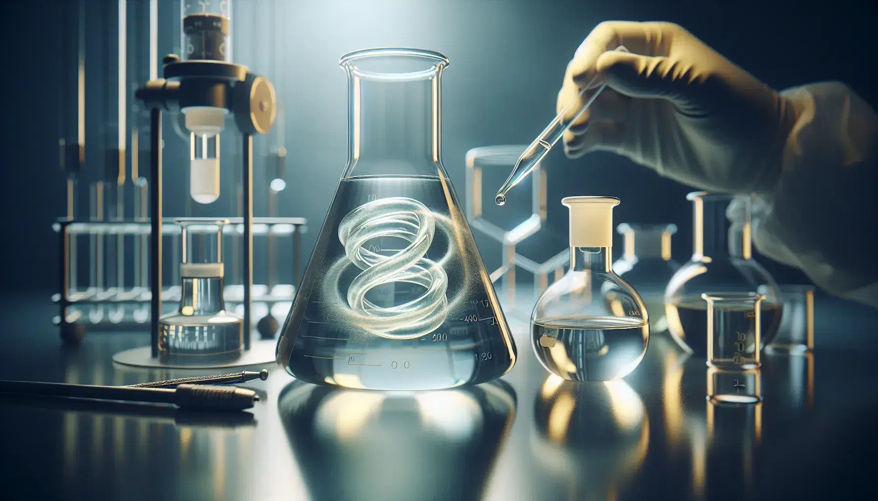 Chemical laboratory with glass flask and light yellow liquid on magnetic stirrer, pipette and white gloves ready to pour solvent.