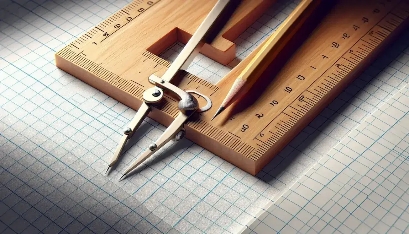 Close-up view of a wooden ruler, sharp yellow pencil, worn red eraser, and metallic compass on white graph paper with a grid of blue lines.