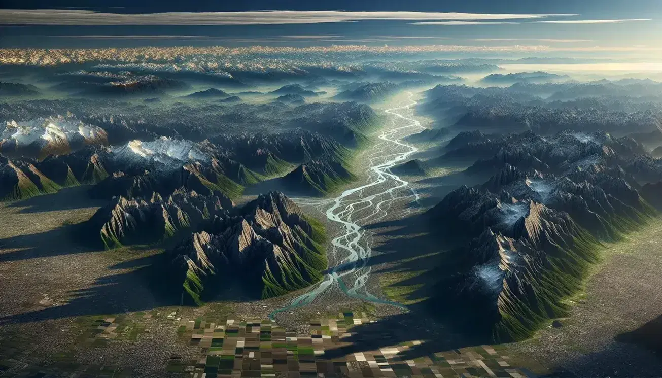 Veduta aerea di una catena montuosa con picchi innevati e valli, città in lontananza e gruppo di escursionisti su sentiero.