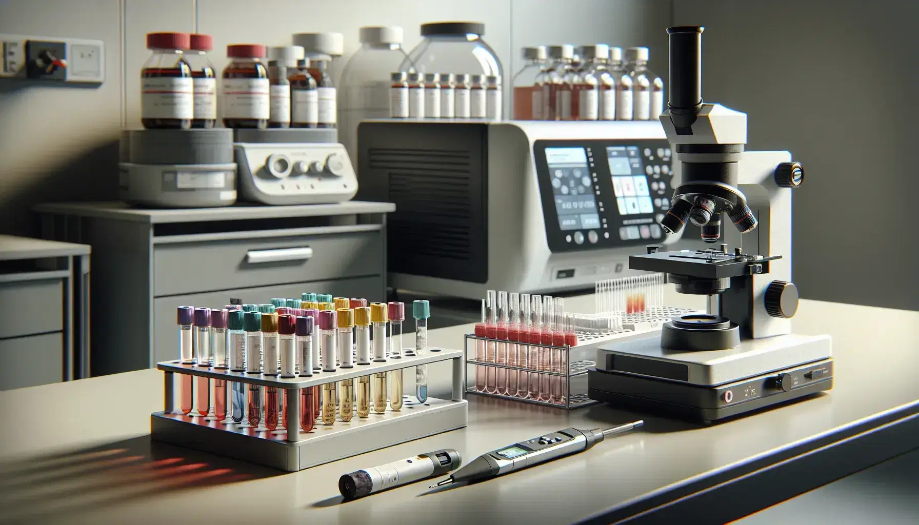 Laboratorio clínico con tubos de ensayo de colores, microscopio moderno, pipeta automática y centrífuga en segundo plano, ambiente limpio y profesional.
