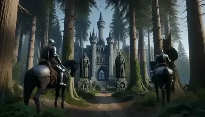 Castello medievale in pietra grigia circondato da antica foresta, con cavaliere in armatura su cavallo nero e cervi sotto grande albero.