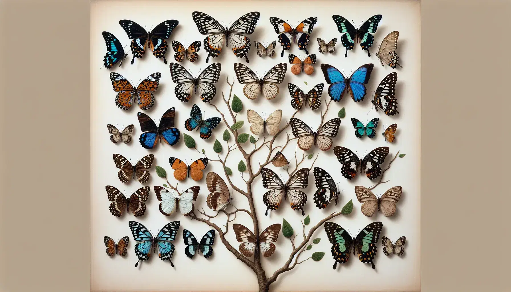 Colección de mariposas con alas desplegadas mostrando variedad de patrones y colores sobre fondo claro, con una rama y mariposa camuflada.