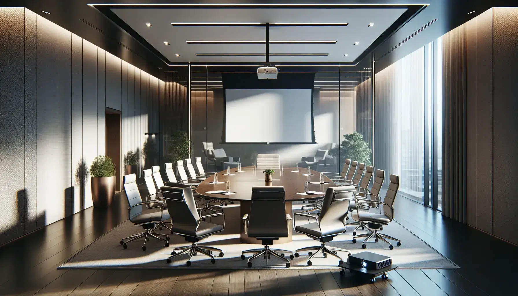 Sala de juntas espaciosa y luminosa con mesa ovalada, sillas ergonómicas y proyector, iluminada por luz natural y lámparas empotradas.