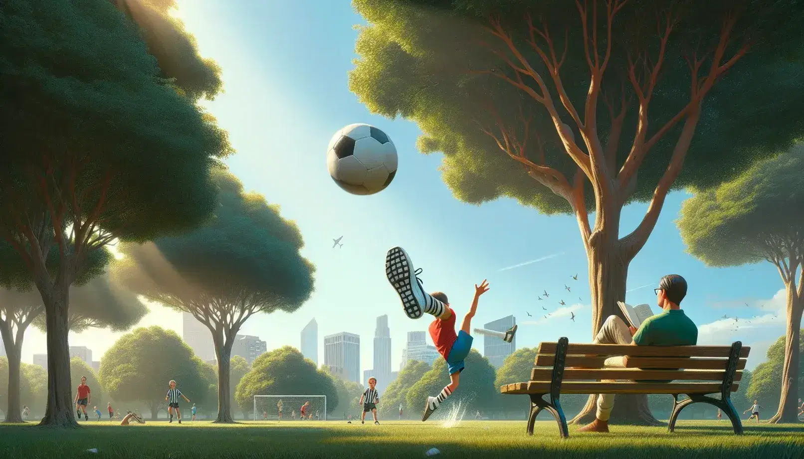 Niño de 10 años pateando un balón de fútbol en un parque soleado, con árboles verdes y un adulto observando desde un banco.