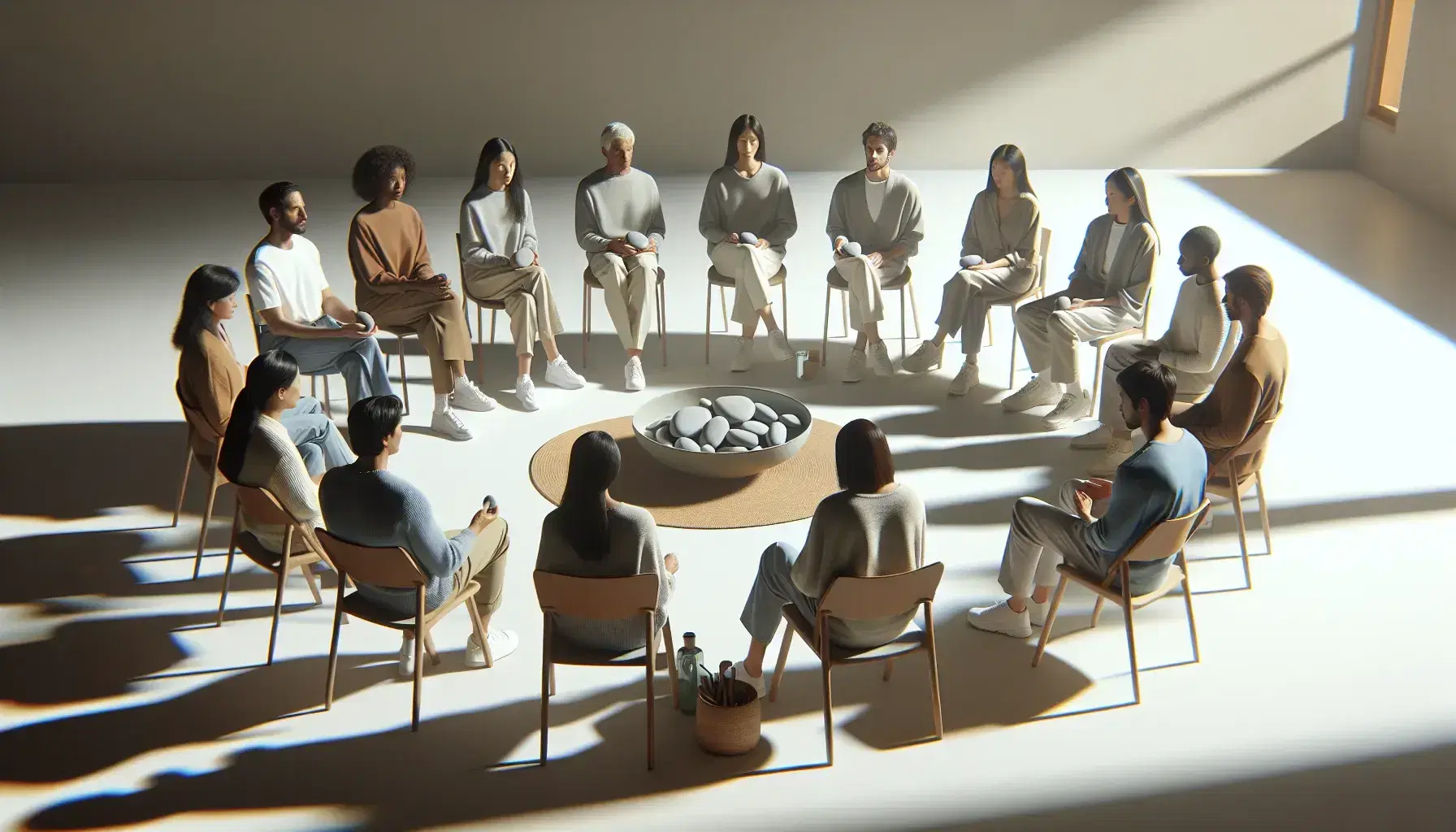 Multi-ethnic group sitting in a circle in a neutral room with smooth stones in their hands and a glass bowl in the center, in a community atmosphere.