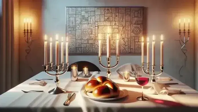 Tavola imbandita per cena di Shabbat con tovaglia bianca, due candelabri argento, calici di vino rosso e pane challah avvolto in tessuto ricamato.