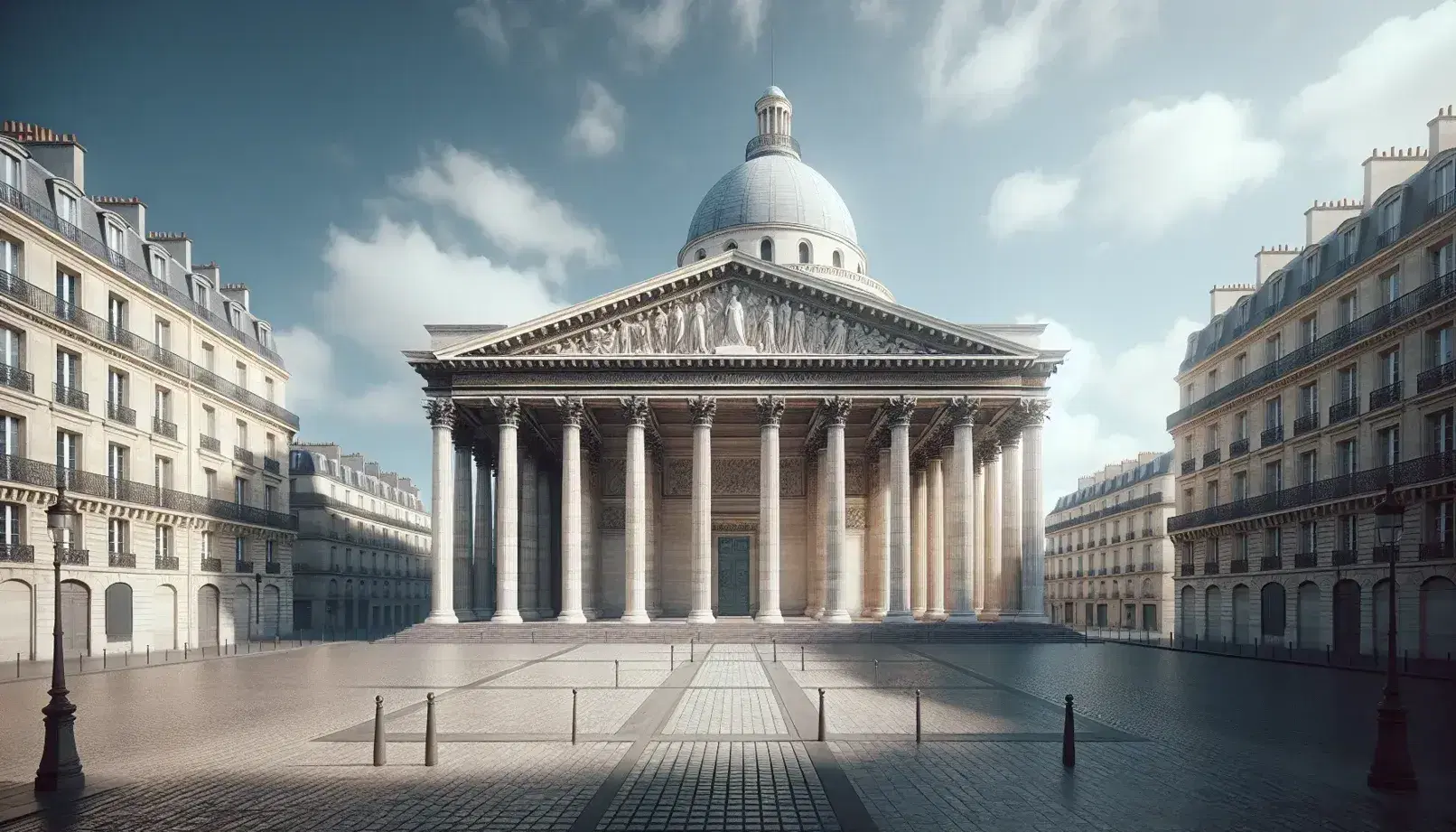 Vista frontale del Pantheon di Parigi con colonne corinzie e pedimento triangolare sotto un cielo azzurro, evidenziando l'architettura neoclassica.