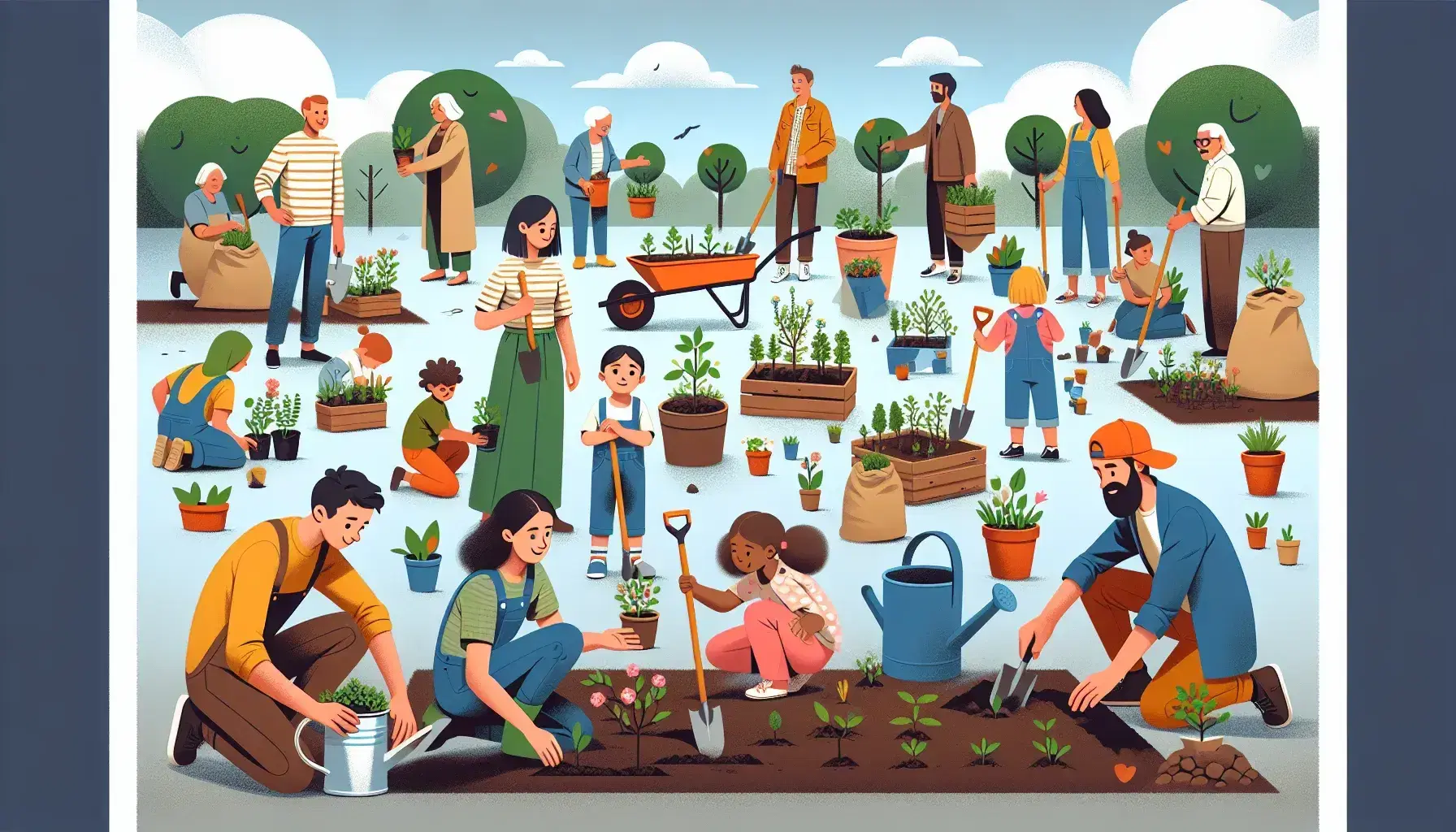Grupo diverso participando en jardinería comunitaria, con mujer sonriente y niños plantando y regando bajo cielo azul.