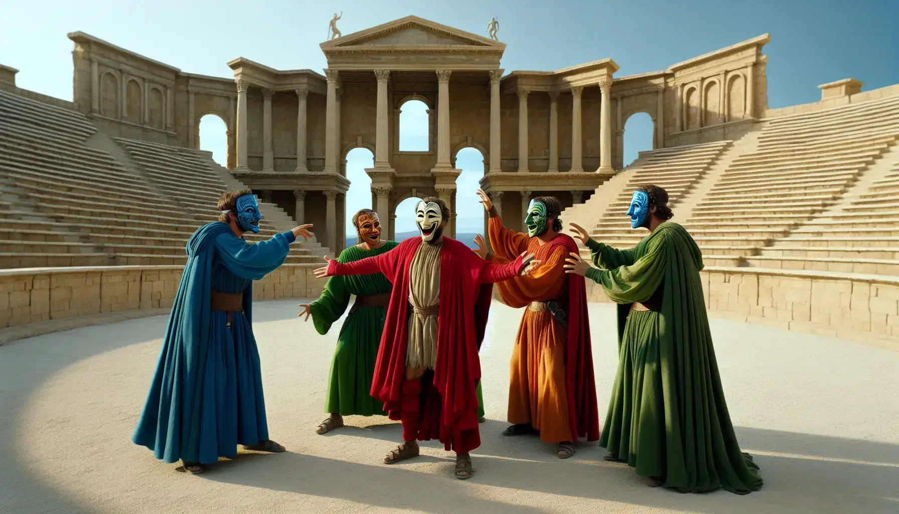 Actores con túnicas coloridas y máscaras teatrales representan una escena en un teatro romano al aire libre, con columnas de piedra y asientos semicirculares bajo un cielo azul.
