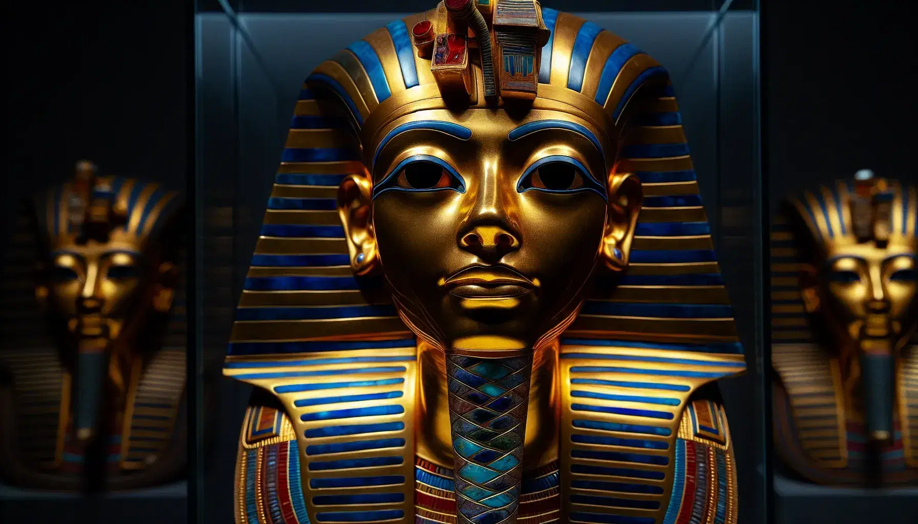Maschera funeraria in oro di Tutankhamun con incastonature di pietre semi-preziose, colori vivaci e dettagli raffinati.