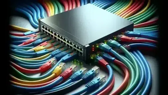 Cables de red multicolores conectados a un switch con luces LED verdes y amarillas, destacando la interconexión en una infraestructura de red.
