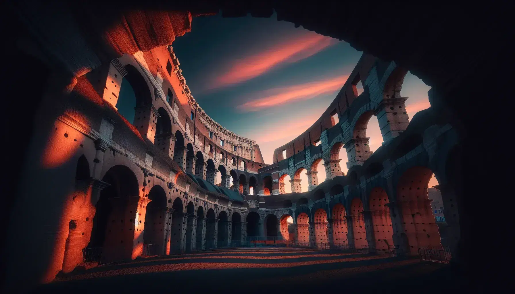 Colosseo antico al tramonto con archi concentrici in pietra, cielo sfumato blu-rosa e lunghe ombre che ne esaltano la maestosità.