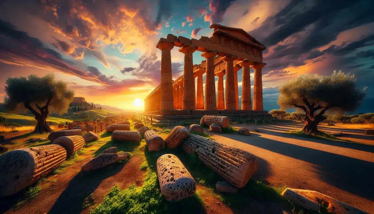 Vista panoramica della Valle dei Templi in Sicilia al tramonto con colonne doriche e cielo sfumato da giallo a blu.