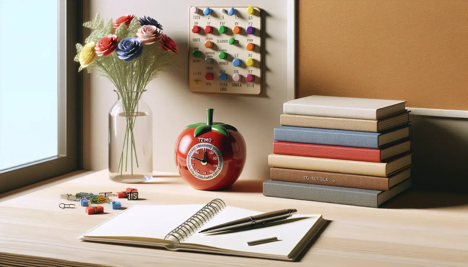 Scrivania in legno chiaro con timer a pomodoro, penna stilografica su quaderno aperto, libri impilati e vaso di fiori multicolori.