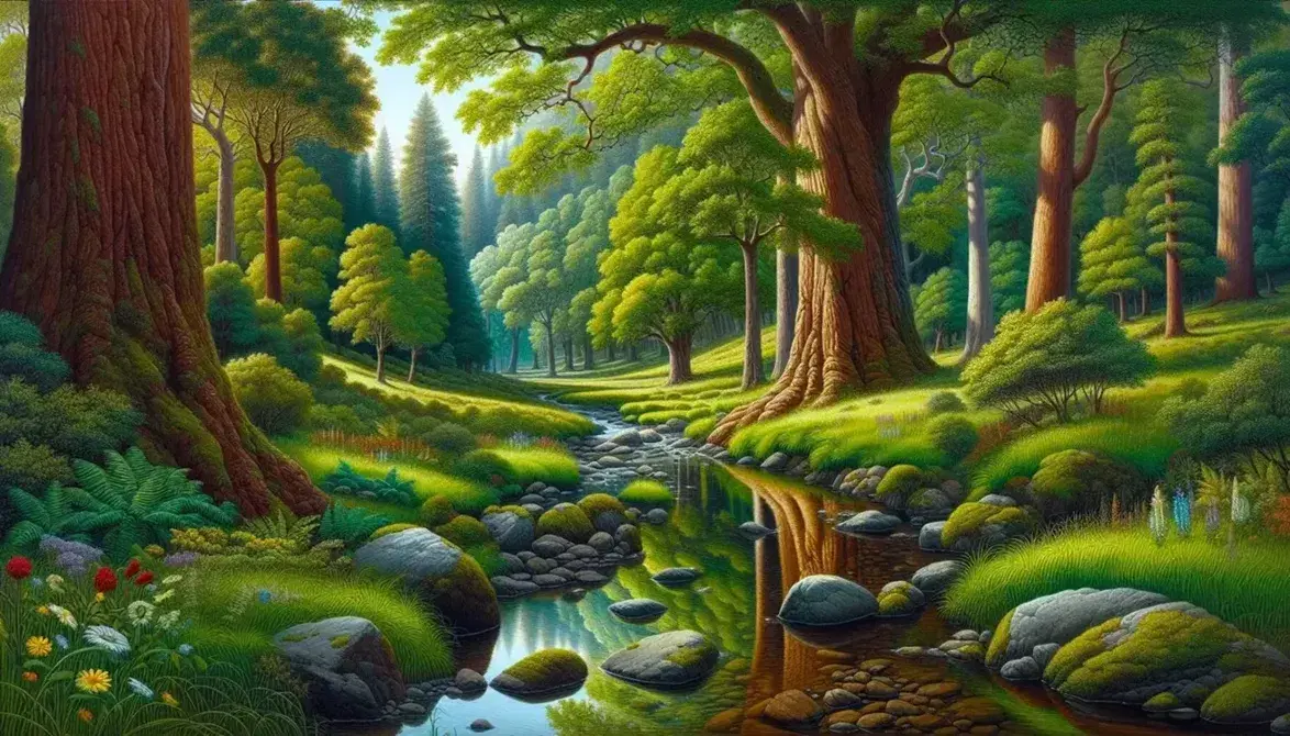 Serene forest landscape with a clear stream, smooth stones, vibrant grass, wildflowers, and sunlight filtering through dense, green tree canopies.