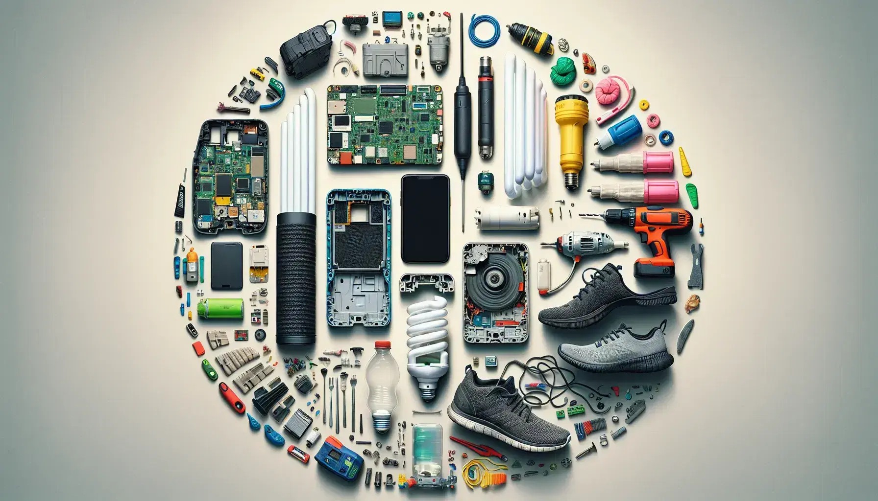 Various products being dismantled for life cycle assessment: smartphone, lamp, drill, sports shoes and water bottle.