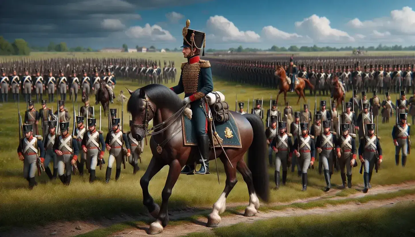 Escena histórica de un oficial a caballo en uniforme militar del siglo XVIII con soldados armados en formación en un campo verde bajo cielo azul.