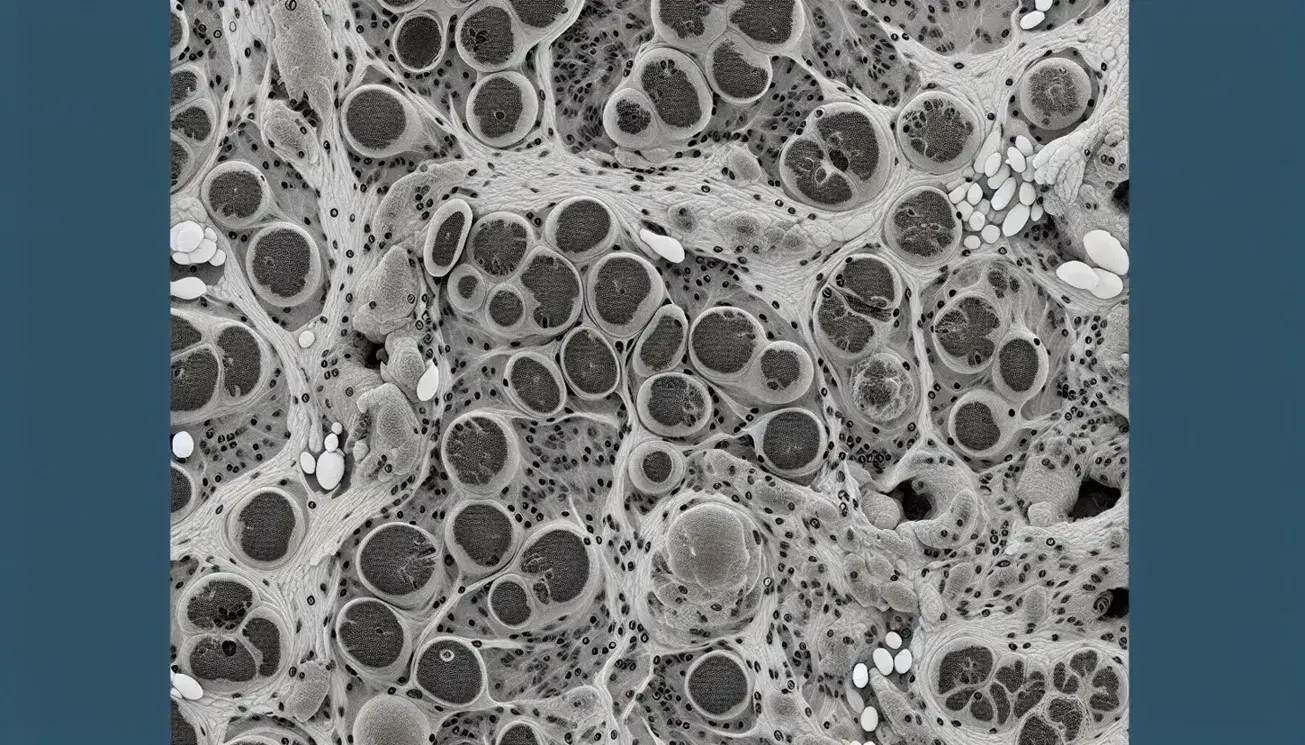 Micrografía electrónica de tejido testicular mostrando células redondeadas con núcleos oscuros y flagelos, rodeadas de fibras claras y estructuras celulares.