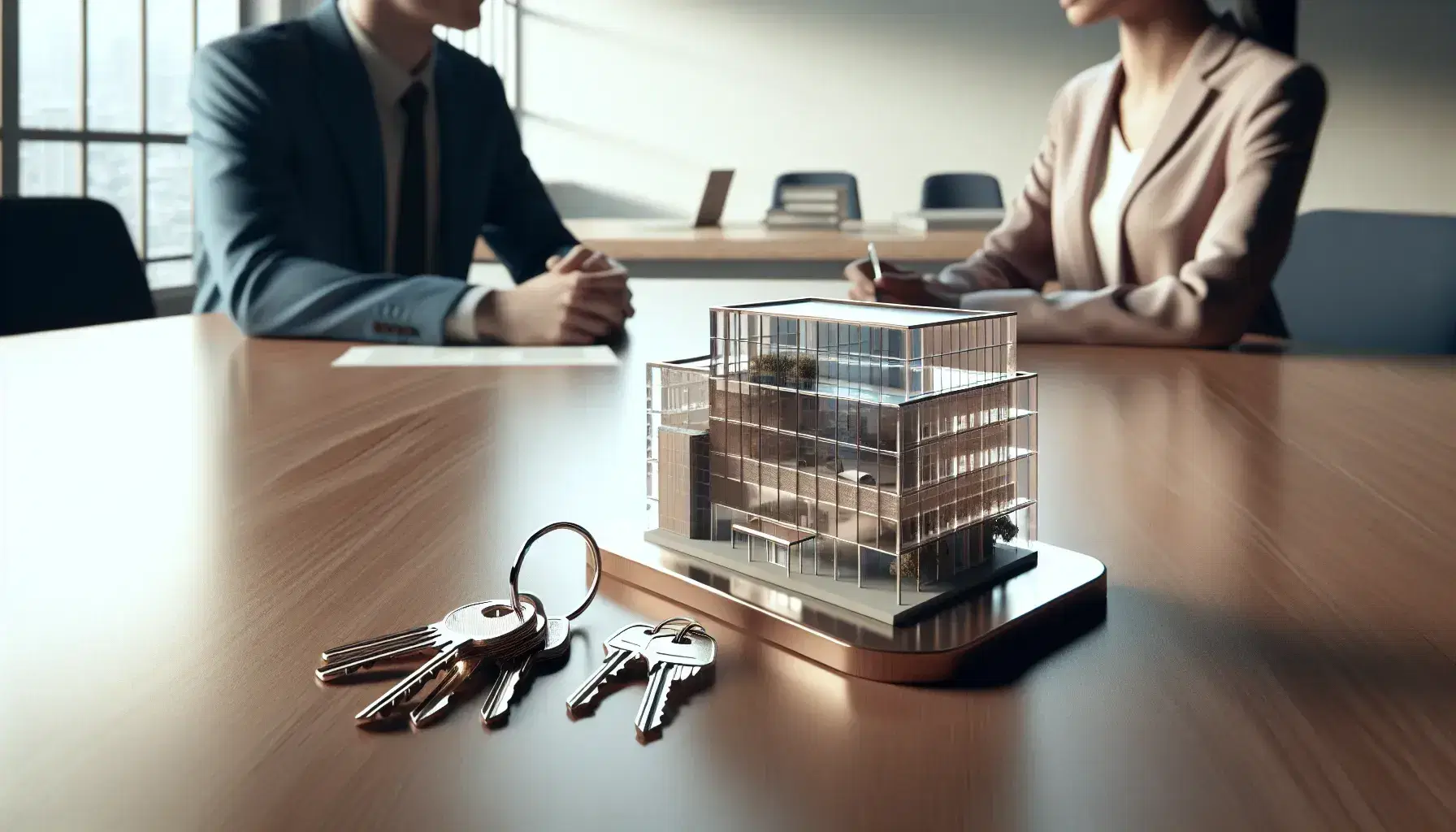 Polished wooden desk with a detailed scale model of a commercial building and a set of keys, with two professionals engaged in conversation behind.