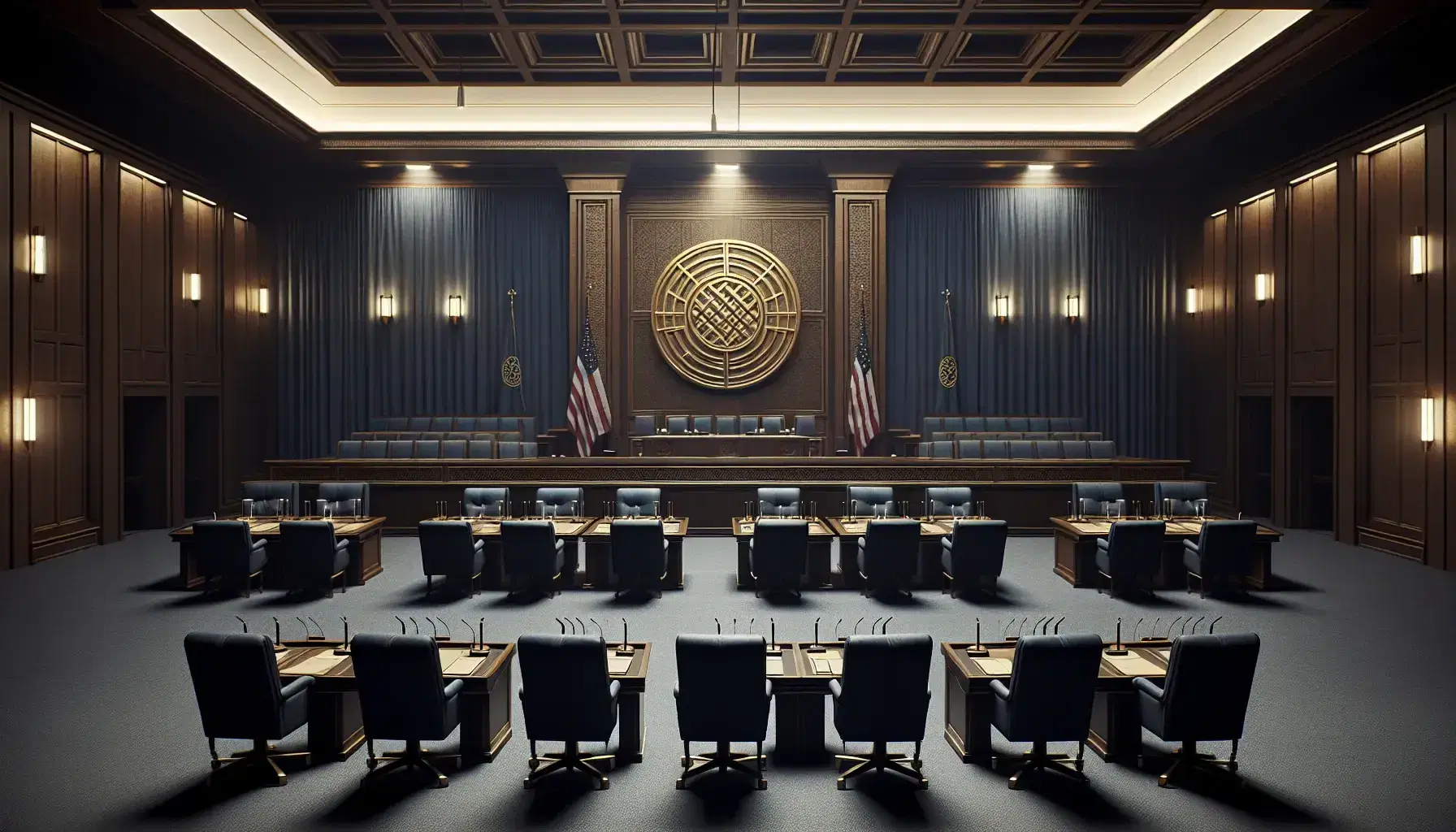 Sala de tribunal solemne con mesas en U, sillas altas azules, micrófonos, papeles y emblema dorado en pared de madera, banderas lisas y suelo de mármol.