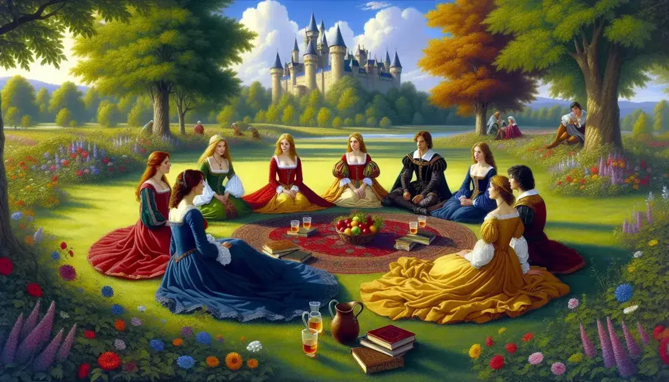 Gruppo di persone in abiti medievali legge libri su prato verde, con castello sullo sfondo e cesto di frutta in primo piano.