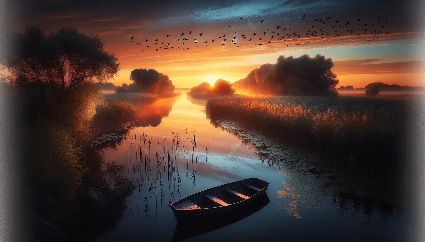 Paesaggio fluviale al crepuscolo con riflessi arancio-rosa del tramonto, barca a remi, vegetazione in silhouette e uccelli migratori in volo.