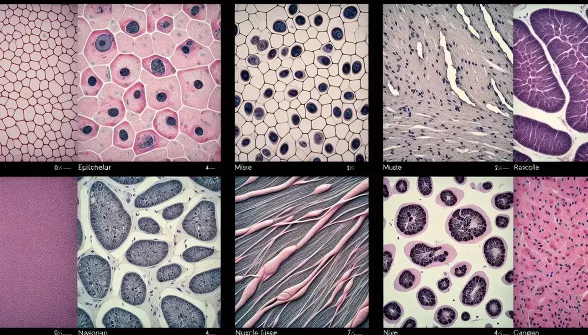 Cuatro muestras de tejidos humanos bajo microscopio en composición de cuadrícula: tejido epitelial, conectivo, muscular y nervioso, con células y fibras teñidas para su identificación.