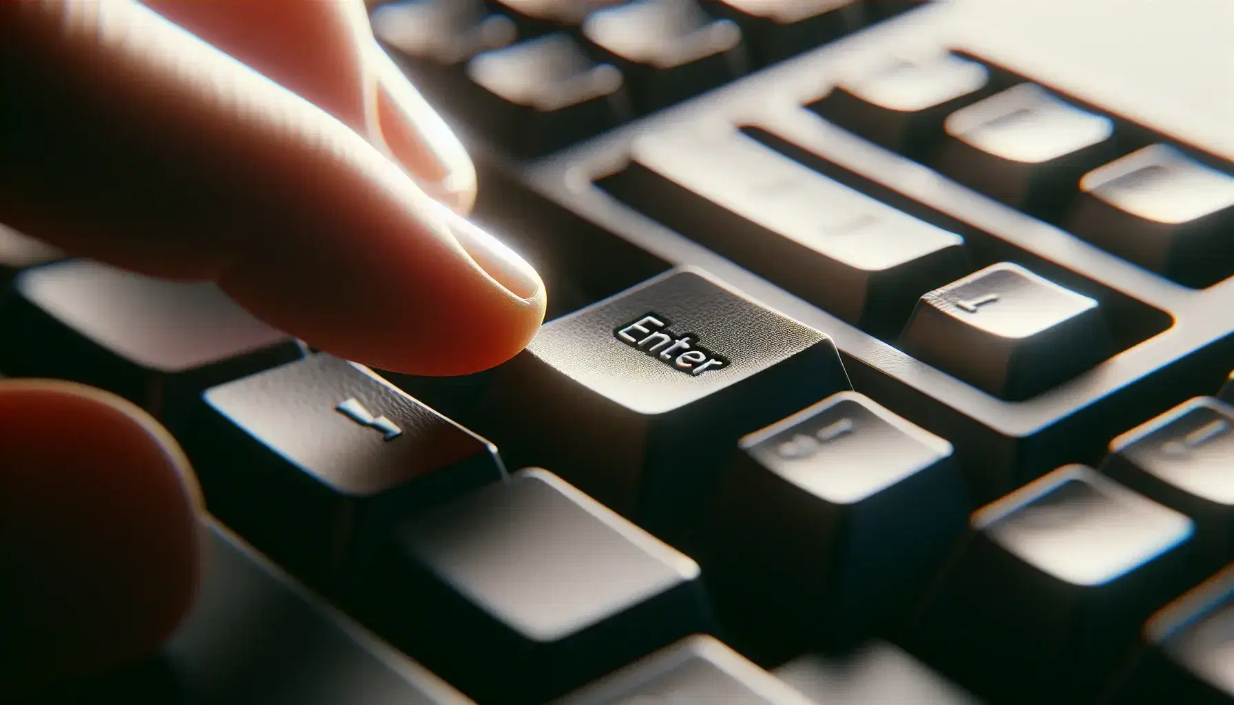 Close-up of a computer keyboard with QWERTY layout, index finger presses the Enter key, blurred background with no readable details.
