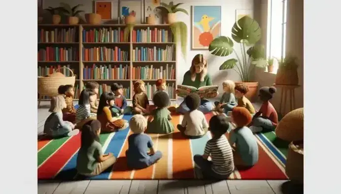Niños atentos escuchando a una mujer leer un libro en una alfombra colorida, con una estantería llena de libros y una planta al fondo.